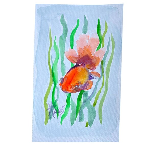 Fluffy Goldfish Original Wall Art Fish Watercolor Painting Matted 8x10in - Picture 4 of 6